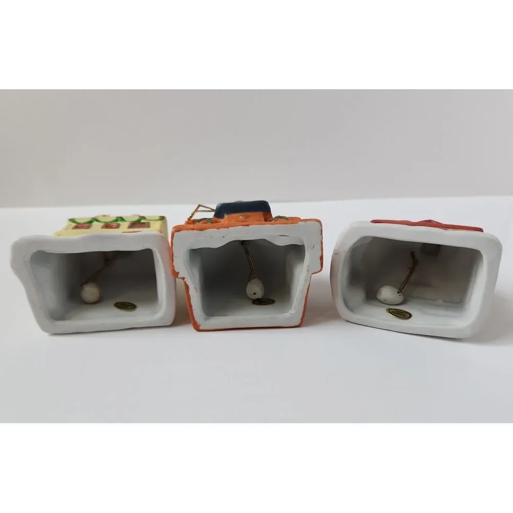 Vintage‎ Set of 3 Ceramic Charming Snow Christmas Village Bell Ornaments